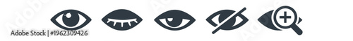 Set of eye and visibility icons showing open, closed, crossed, and magnified states in simple black outlines