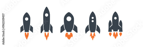 Row of five simple rocket icons in gray with orange flames showing varied silhouettes and boosters