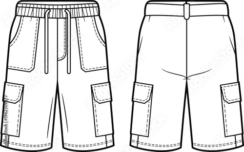 Cargo shorts with elastic waistband and flap pocket design, flat vector