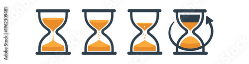 Four hourglass icons showing sand level variations and a rotating symbol in colored outline style