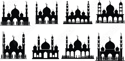 Mosque silhouettes set with large crowds of people and Islamic architecture isolated on white background for Ramadan and Eid celebrations.