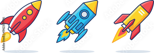 cartoon rocket spaceship icon set, colorful space launch rockets with flame booster start up concept vector illustration isolated on transparent background