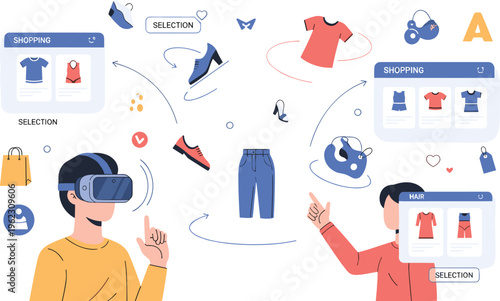 Virtual Reality Shopping Concept with Users Trying Clothes, Accessories and Online Store Interface Vector Illustration