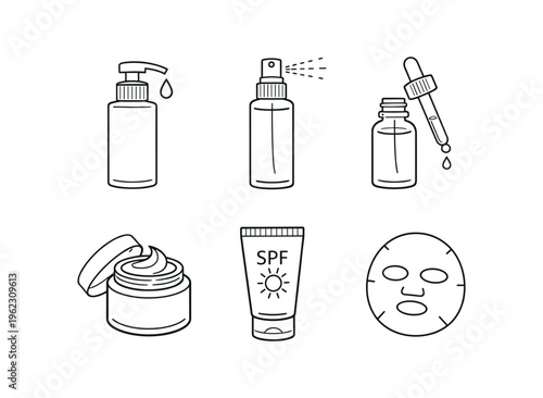 Six outline cosmetic icons showing a pump bottle, spray, dropper, cream jar, spf tube and sheet mask.