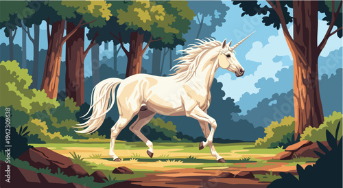 A wild black stallion and a mare with her foal gallop through a nature field and woods in this running horse vector illustration