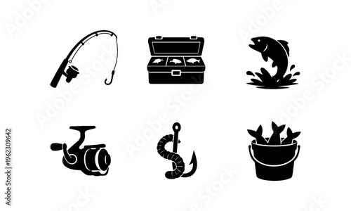 Black flat icons of fishing gear including a fishing rod, reel, tackle box, jumping fish, hooked worm and bucket of caught fish