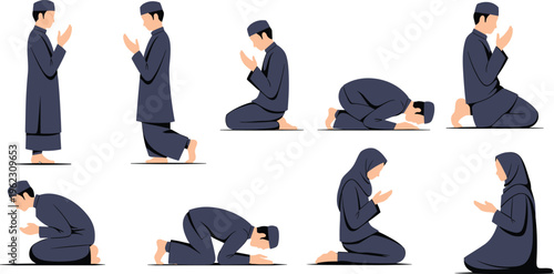 Muslim man and woman praying set featuring Islamic prayer positions and traditional clothing isolated on white background for Ramadan design.vvvvvvv