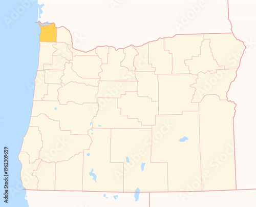 Map of the County Clatsop (Oregon, US) showing the Federal State with the highlighted County