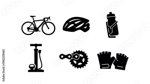 Black flat icons of cycling equipment including a road bicycle, helmet, water bottle, floor pump, chainring and fingerless gloves