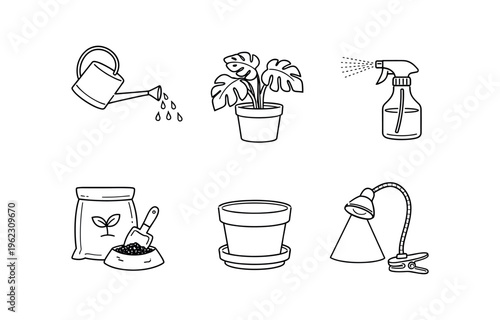 Outline line gardening icons including watering can, potted plant, spray bottle, soil bag, pot, and lamp