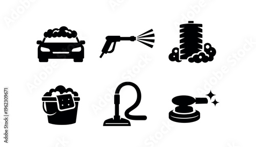 Solid black silhouette icons of car wash and detailing tools including car, sprayer, brush, bucket, vacuum and polisher.