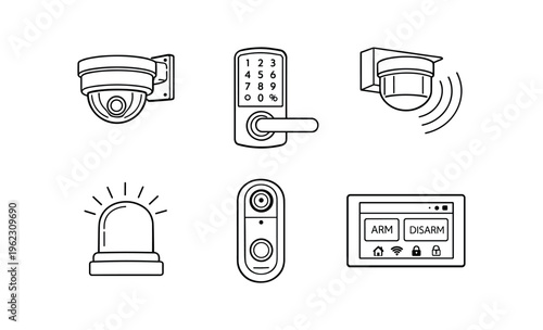 Line art outline icons of security equipment including dome camera, keypad lock, motion sensor, siren, remote and control panel.
