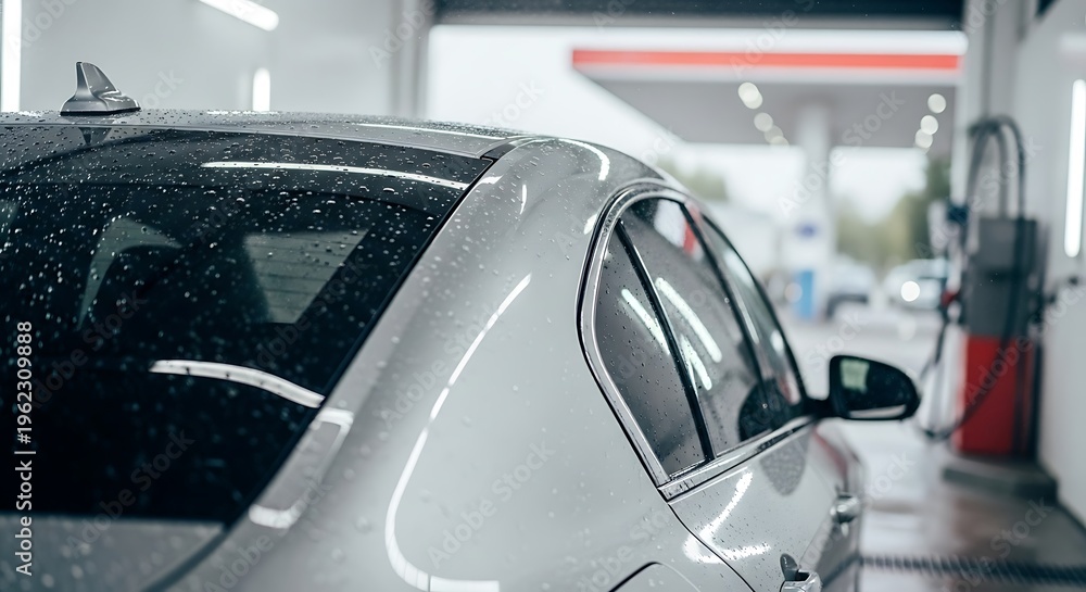Fototapeta premium Modern silver sedan car parked at a gas station during a rainy day with water droplets on the polished bodywork