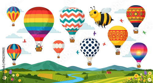 A vibrant digital illustration of colorful hot air balloons floating over a scenic rural landscape