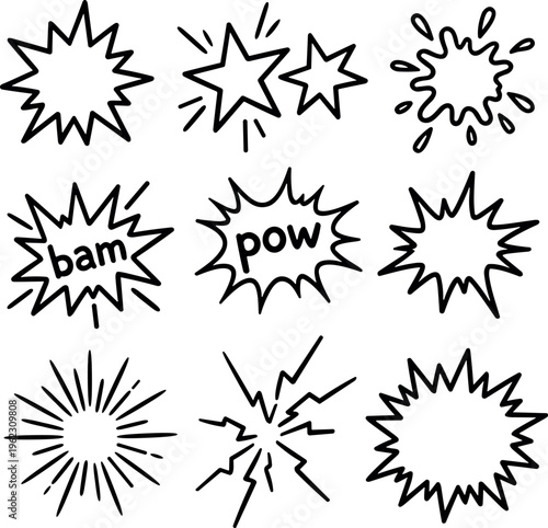 comic explosion burst shapes set with boom pow bam splash effects hand drawn doodle vector illustration isolated on transparent background