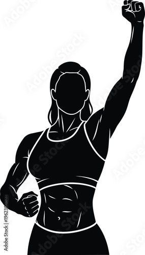 Black silhouette of a strong woman with raised arm in sports bra and leggings on white background for fitness and empowerment concepts