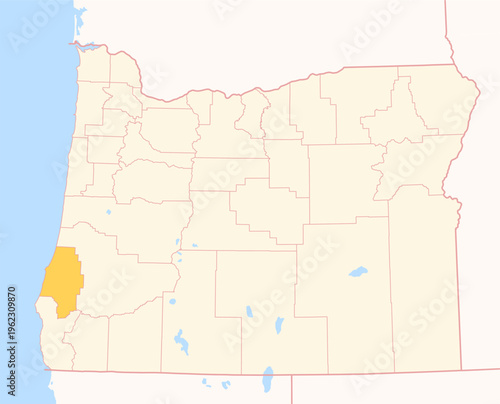 Map of the County Coos (Oregon, US) showing the Federal State with the highlighted County