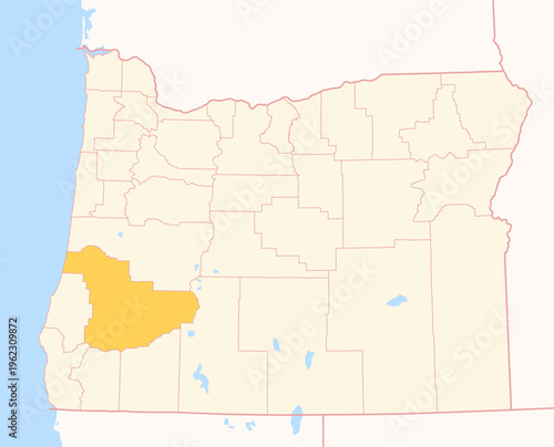 Map of the County Douglas (Oregon, US) showing the Federal State with the highlighted County