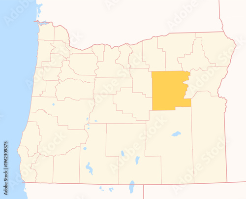 Map of the County Grant (Oregon, US) showing the Federal State with the highlighted County