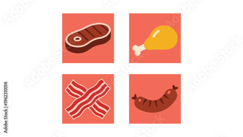 Four types of popular meat dishes illustrated in a simple icon style