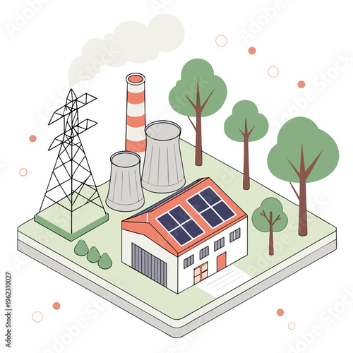 An isometric illustration of a house with solar panels on its roof surrounded by trees and industrial structures like cooling towers and a power transmission tower emitting smoke