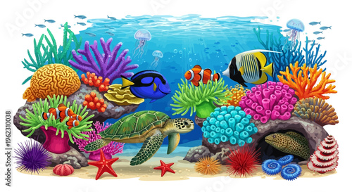 A vibrant underwater ecosystem featuring a sea turtle swimming among colorful coral and exotic fish