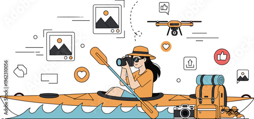 Kayak Travel Blogger Concept with Woman Photographer, Camera Gear and Social Media Icons Outdoor Adventure Vector Illustration