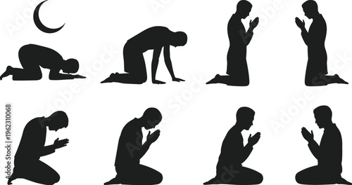 Muslim man praying silhouettes set featuring Islamic prayer positions and crescent moon isolated on white background for Ramadan Kareem design.