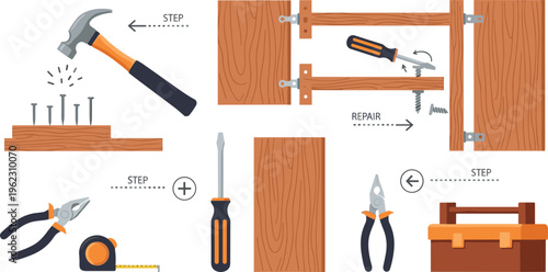 DIY Furniture Repair Process with Tools, Hammer, Screwdriver and Wood Assembly Steps Vector Illustration