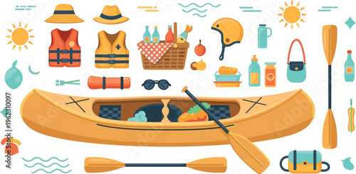 Kayaking Picnic Set with Canoe, Food Basket, Life Jackets and Outdoor Summer Equipment Vector Illustration