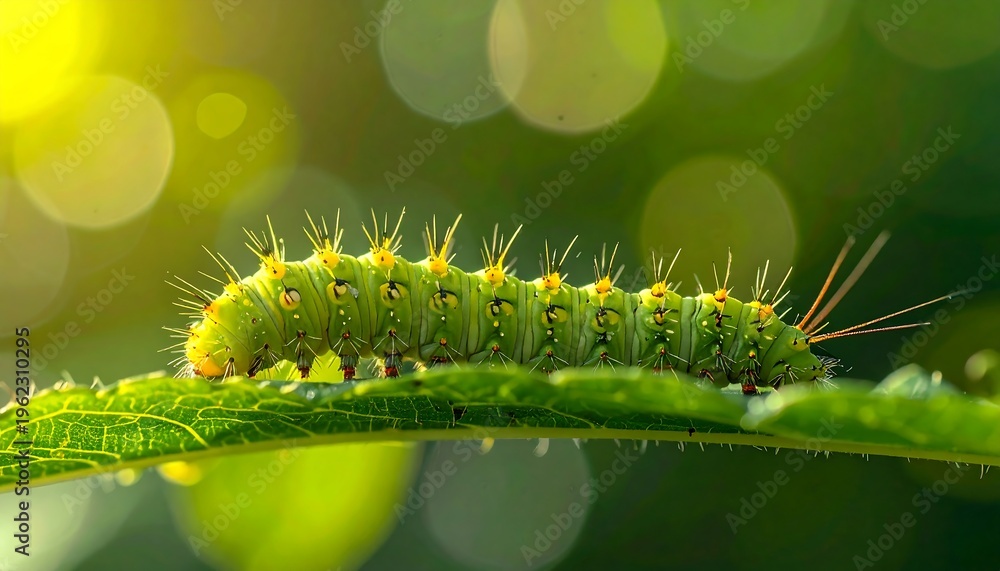 Fototapeta premium Caterpillar on Leaf with Green Background.