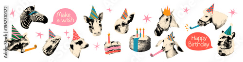 Happy birthday halftone collage cut out set. Various animals heads in party hats, lama and raccoon, horse and meerkat. Modern retro vector illustration funny mixed media design and scrapbook isolated