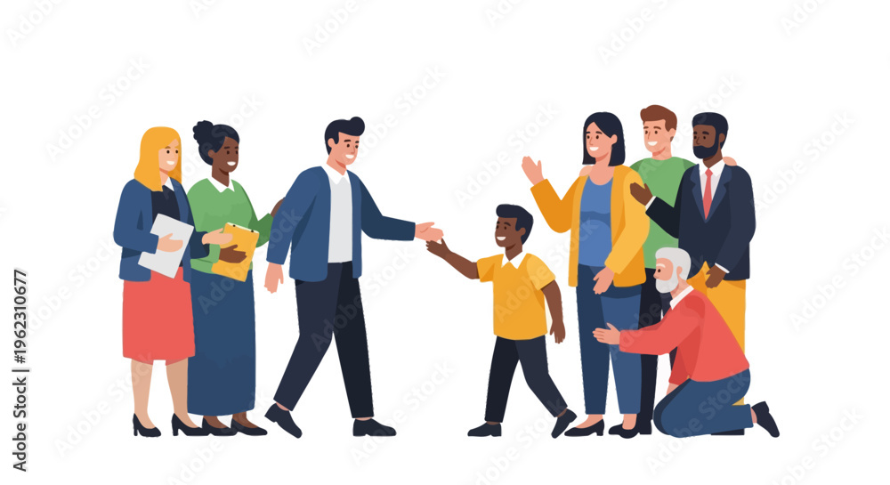 Obraz premium Diverse Group Welcomes Young Boy with Handshake: Community Inclusion, Mentorship & Support