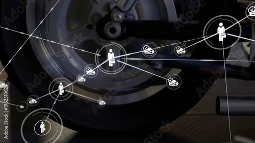 Motorcycle wheel with interconnected icons representing maintenance and repair animation