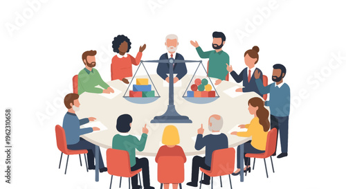 Diverse Team Meeting: Weighing Options for Fair Decisions, Justice & Equality with Scale of Justice