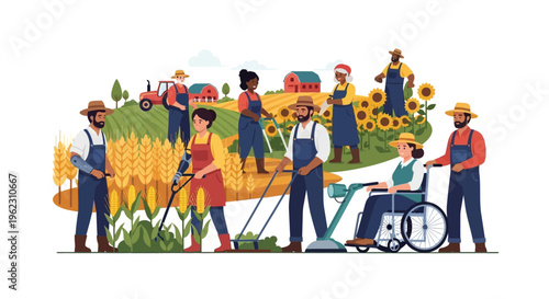 Inclusive Farm Community: Diverse Farmers with Adaptive Equipment in a Field