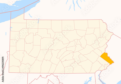 Map of the County Bucks (Pennsylvania, US) showing the Federal State with the highlighted County
