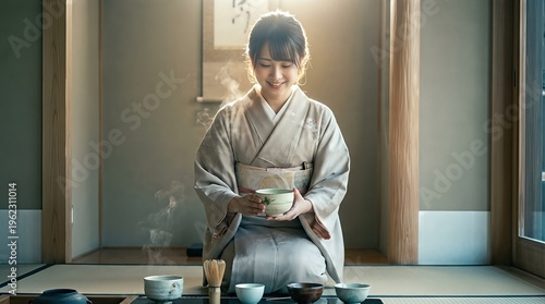Young Japanese woman in kimono participating in traditional tea ceremony. Tea master preparing hot matcha drink in serene interior. Cultural heritage, quiet reflection and hospitality in Japan