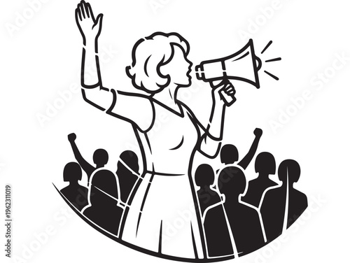 Woman speaking through megaphone with raised hand to a crowd of people featuring protest, demonstration, activism with speaker and leadership