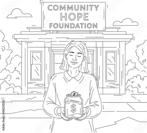 Girl holding piggy bank in front of Community Hope Foundation building with sign and trees featuring woman, person, money jar with donation and