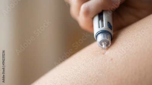 Insulin injection syringe chronic illness management diabetes therapy medicine treatment closeup insulin injection syringe for chronic illness management human skin showing diabetes therapy