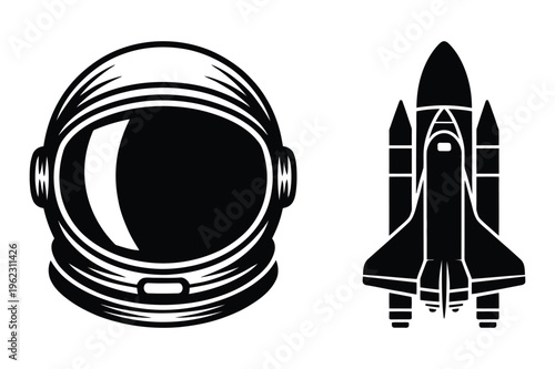Astronaut helmet and space shuttle silhouette vector with outer space