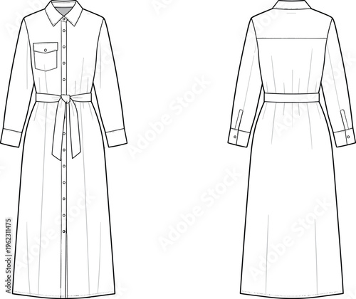 Long sleeve shirt dress vector illustration front and back view belted waist maxi fashion technical sketch