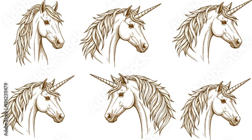 Black vector illustration set of horse silhouettes featuring wild stallion heads and farm animal symbols designed as artistic mammal icons for nature tattoo art