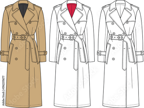 Classic trench coat fashion illustration with color variations and sketches, flat vector