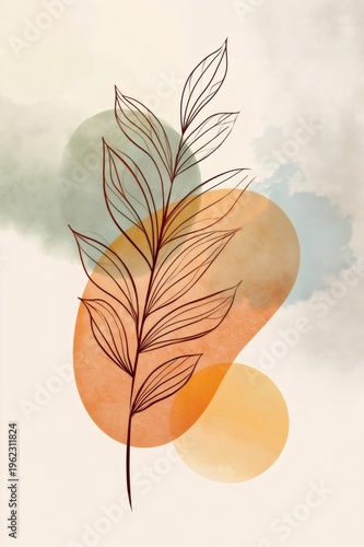 Abstract botanical line art with watercolor shapes nature concept