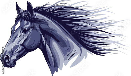 Isolated horse head illustration featuring a wild animal silhouette in a black tribal tattoo style with fantasy vector art patterns and a decorative hair design