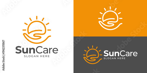 Creative simple sun care logo template. hand and sun logo design vector illustration.