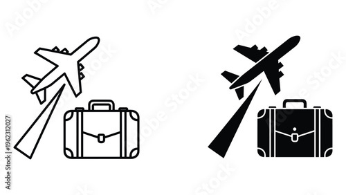 Black airplane and vintage suitcase travel white