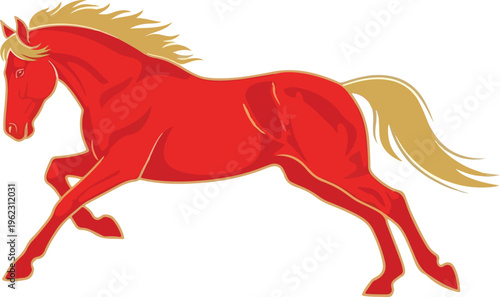 A red stallion mammal vector illustration shows a wild horse running and galloping in a cartoon art style isolated on a white background